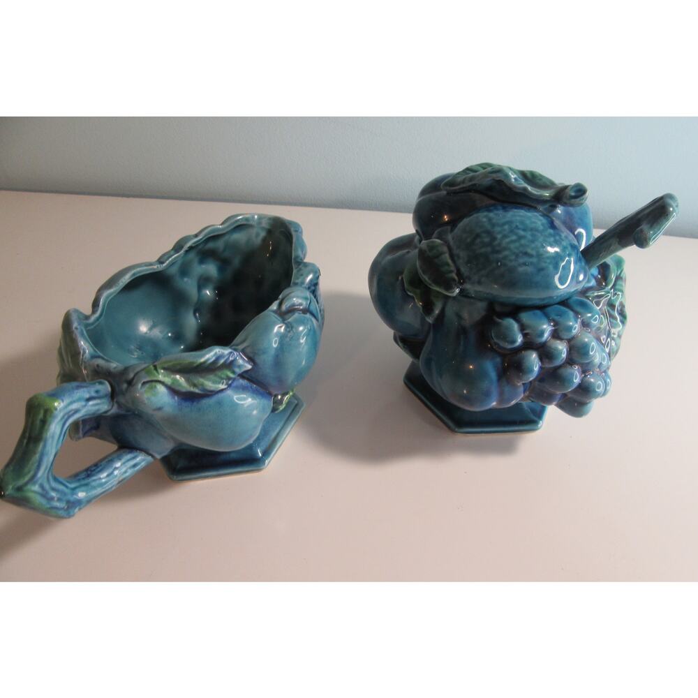 INARCO Blue Mood Indigo Fruit Creamer Sugar Bowl Lid Spoon E2373 E2429